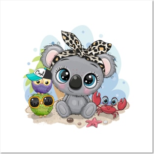 Cute koala, owlets and crab. Beach theme. Posters and Art